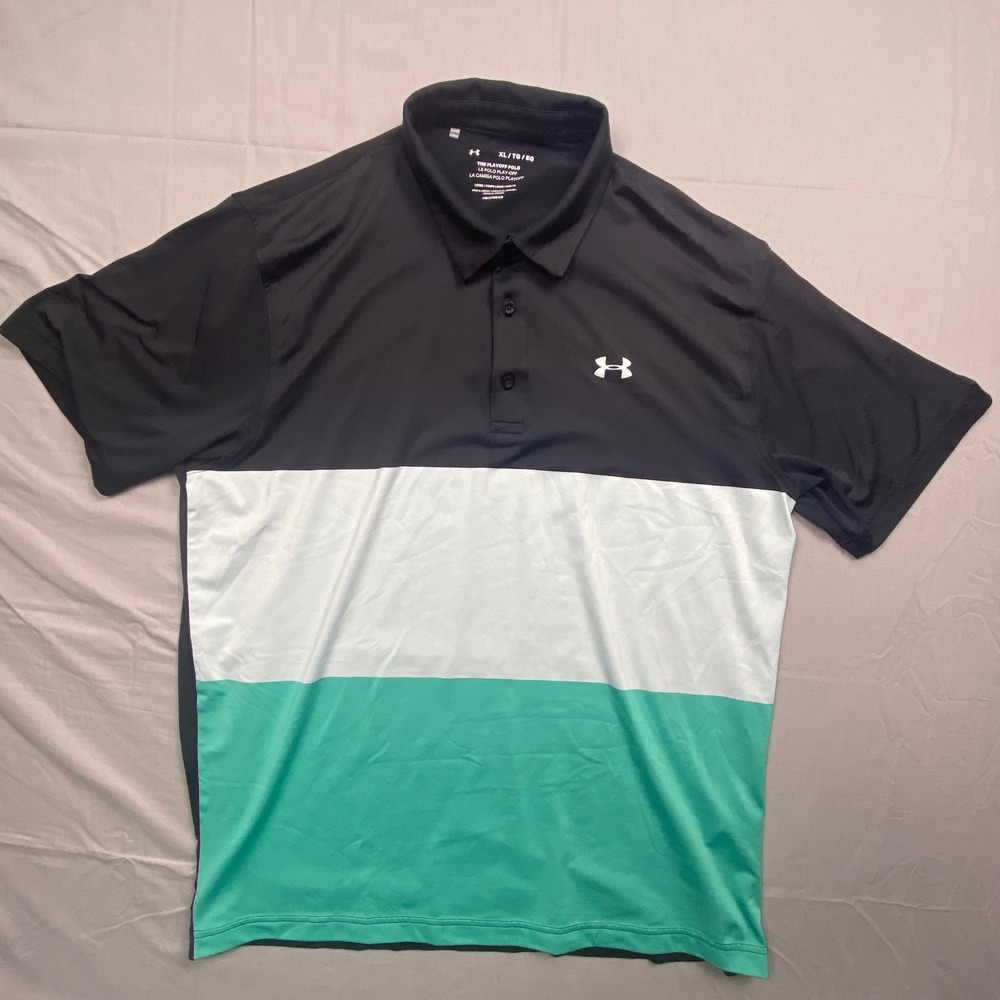Under Armour Playoff Polo Shirt Mens XL Black‎ Teal Colorblock Golf HeatGear